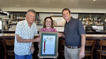 Asm. Addis with Dan and Chris Dorn celebrating 80 years of Dorn's Original Breakers Cafe, Morro Bay 