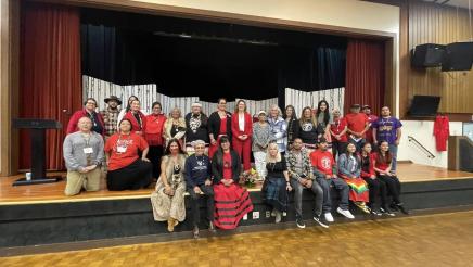 Asm. Addis, with group on stage, had the honor of attending the Red Dress Day event organized by Missing and Murdered Indigenous Women, Girls, and Two-Spirit People