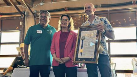 Asm. Addis with two rotary club members, presenting a resolution at the The Rotary Club of Pismo Beach - Five Cities, marking 35 successful years of hosting the Summer Sizzle BBQ and Auction