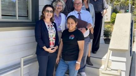 Asm. Addis with others on exterior staircase; It was a pleasure to have representatives come together from central coast organizations who are working hard to secure a welcoming and safe world for our LGBTQ+ community