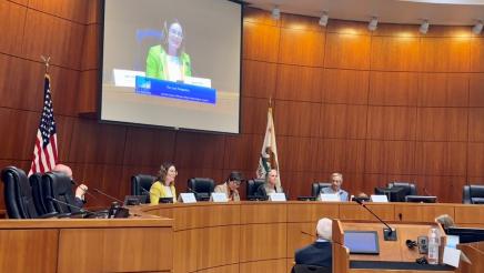 Asm. Addis speaking, sitting among panelists at OSW Info Session, Nov. 1