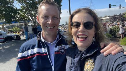 Asm. Addis with Supervisor Zach Friend at the Shortest Parade in the World, Aptos 