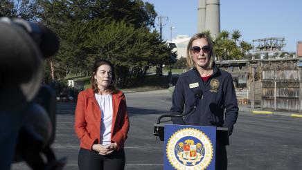 AD30 District Director Andrea Chmelik at podium, speaking as Asm. Addis stands in support