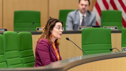 Asm. Addis seated, speaking into microphone as committee member listens on