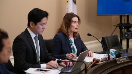 Asm. Addis addressing witnesses from dais as staffer takes notes on computer