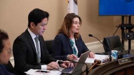 Asm. Addis addressing witnesses from dais as staffer takes notes on computer