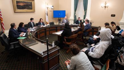 Wide view of committee members, witnesses and audience members