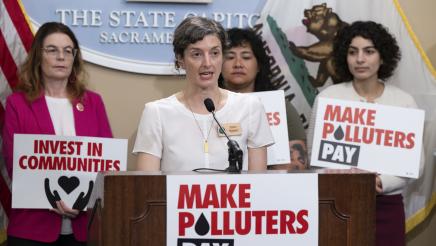 Kate Ogden (Seventh Generation) at podium, speaking, as Asm. Addis and others listen on