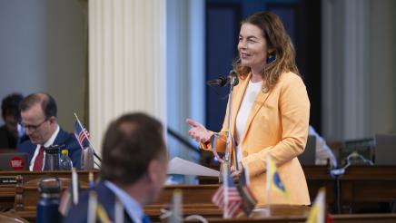 Asm. Addis standing at microphone on the Assembly Floor, speaking