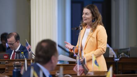 Asm. Addis standing at microphone on the Assembly Floor, speaking